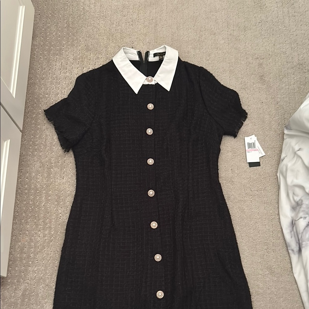 City Studios Black Midi Shirt Dress with Short Sleeves and Peter Pan Collar